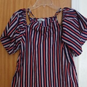 New York & Company Red and White Puff Sleeve Blouse